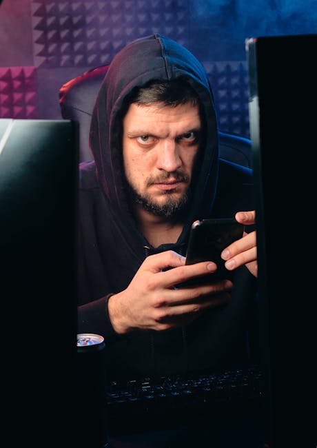 A man in a hood uses a smartphone in a tech-savvy room, surrounded by monitors.